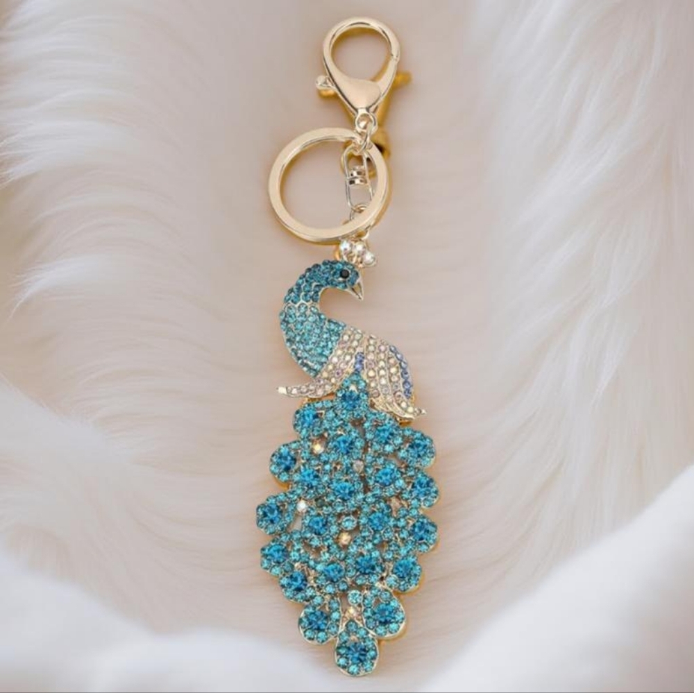 Peacock Keychain with Rhinestones Blue and Gold